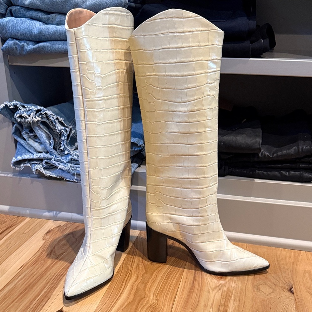 SCHUTZ Cream Croc-Embossed Heeled Boots